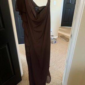 Boohoo Brown Asymmetrical One Shoulder Gown